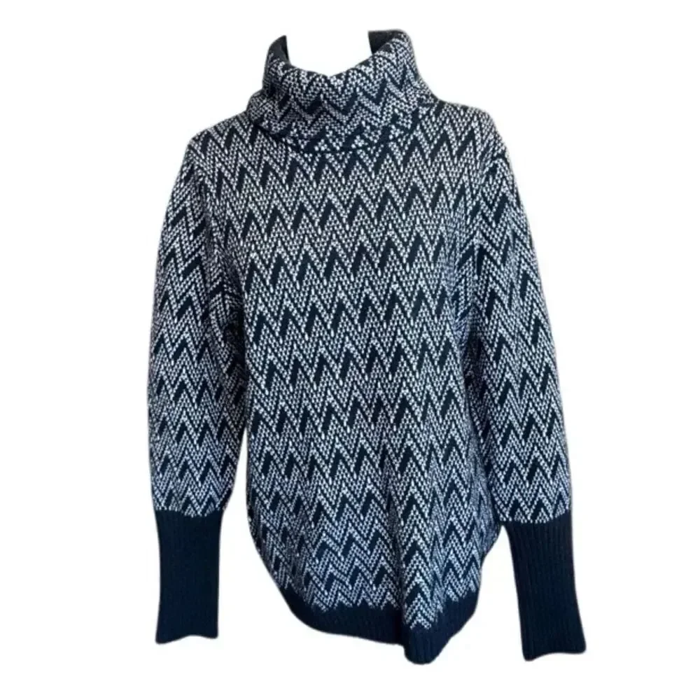 Ellen Tracy Turtleneck Sweater Black White Chevron SZ XL